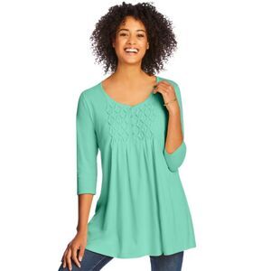 NEW NWOT Green Plus Sz 14/16 Casual Wear Smocked Henley Tunic Shirt WOMAN WITHIN
